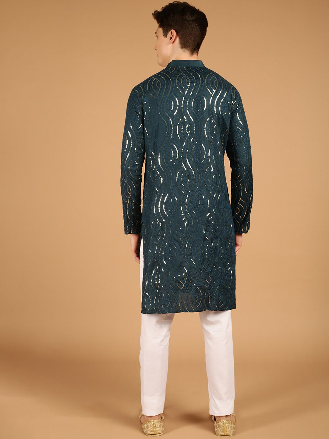 Sojanya Ethnic Motif Embroidered Band Collar Sequinned Pure Cotton Kurta | Swadesiicart