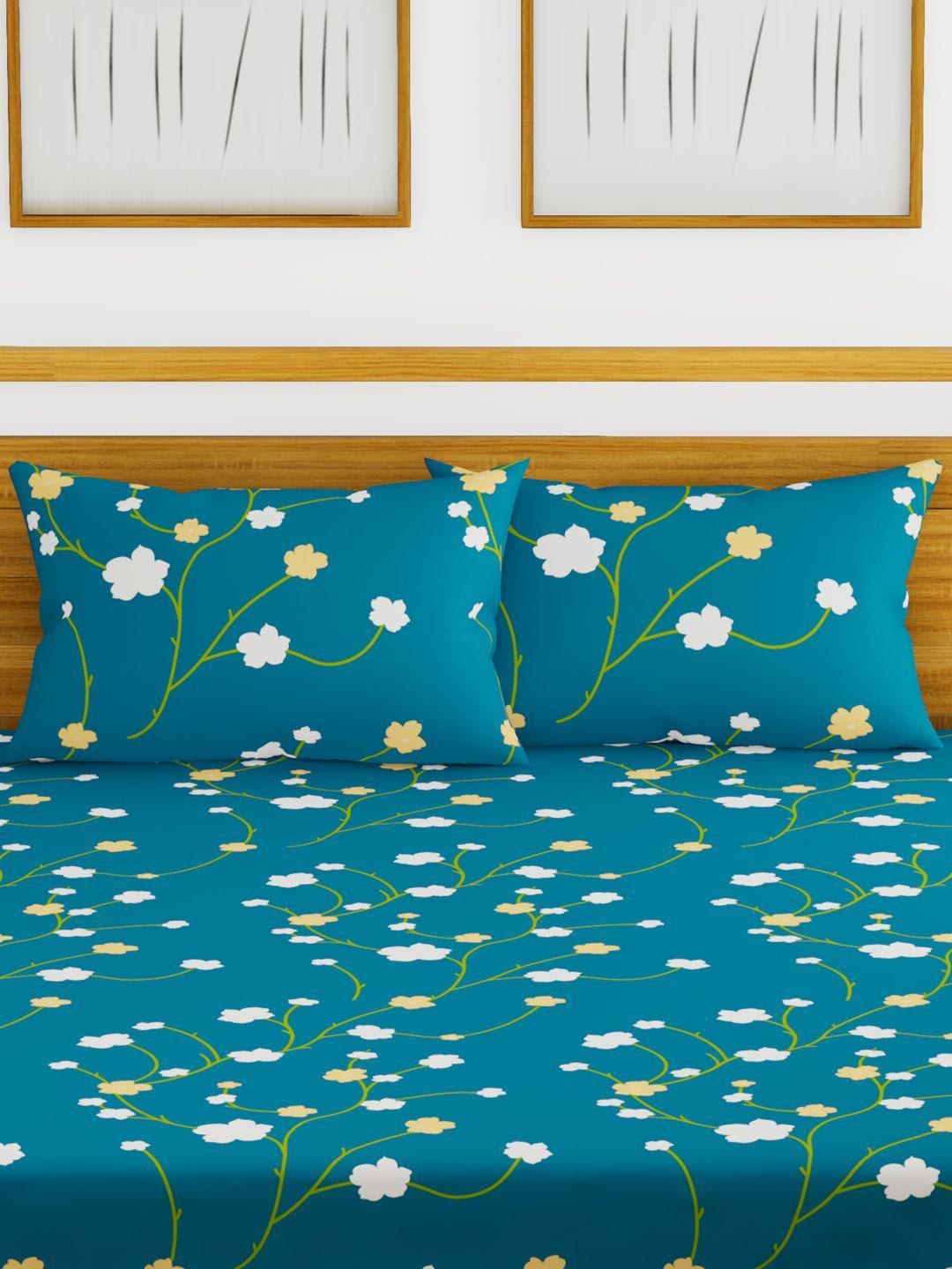 BIANCA Blue & Green Floral Printed 152 TC Cotton 110 GSM Micro-Peached King Bedsheet With 2 Pillow Cover - Swadesiicart
