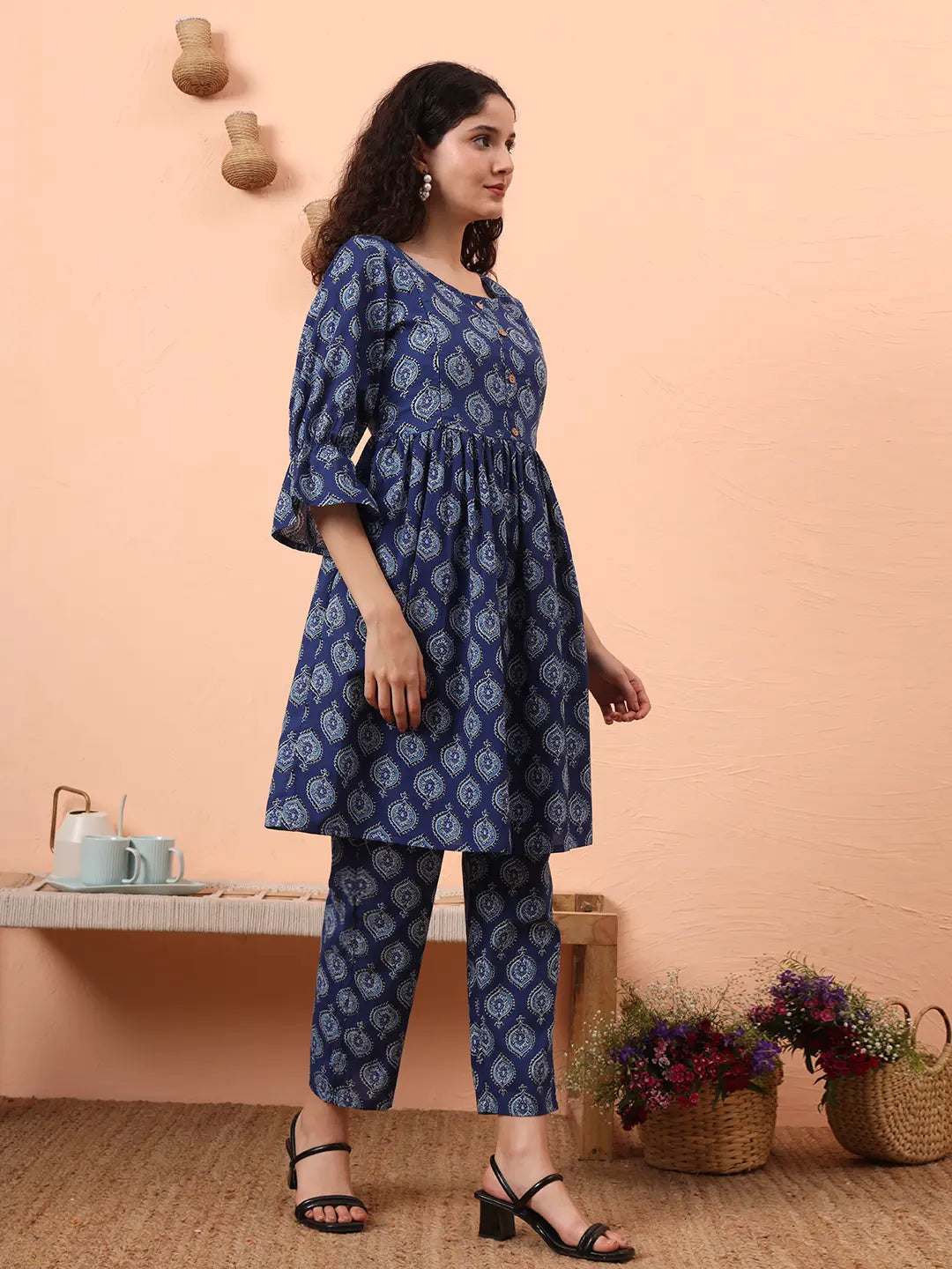 Yufta Blue Cotton Maternity A-Line Kurta Pant Set