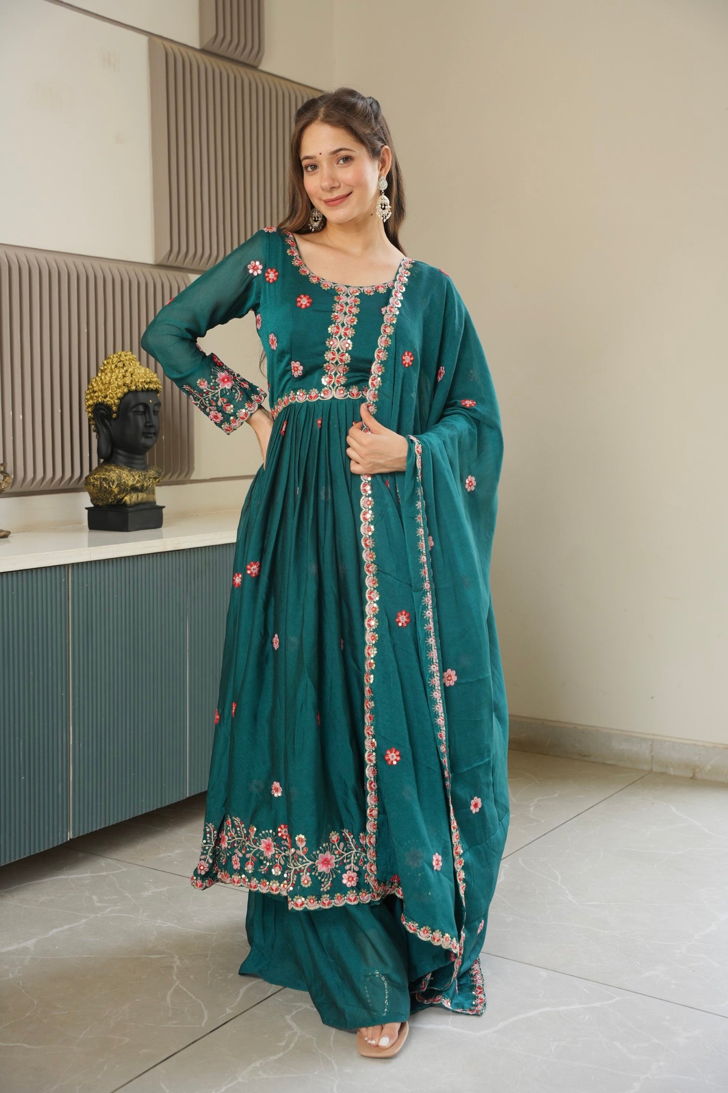 Lorenvalley Fashion Rama Noha Crush Silk with Embroidery Threads & Sequins Work Anarkali Sharara with Dupatta | Swadesiicart