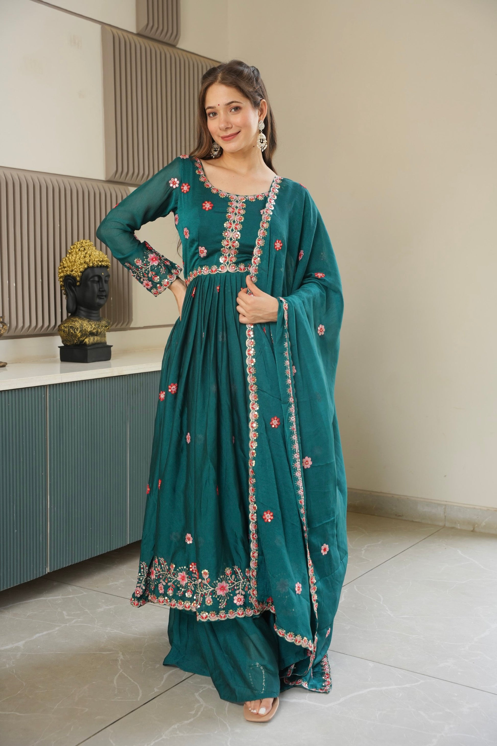 Lorenvalley Fashion Rama Noha Crush Silk with Embroidery Threads & Sequins Work Anarkali Sharara with Dupatta | Swadesiicart