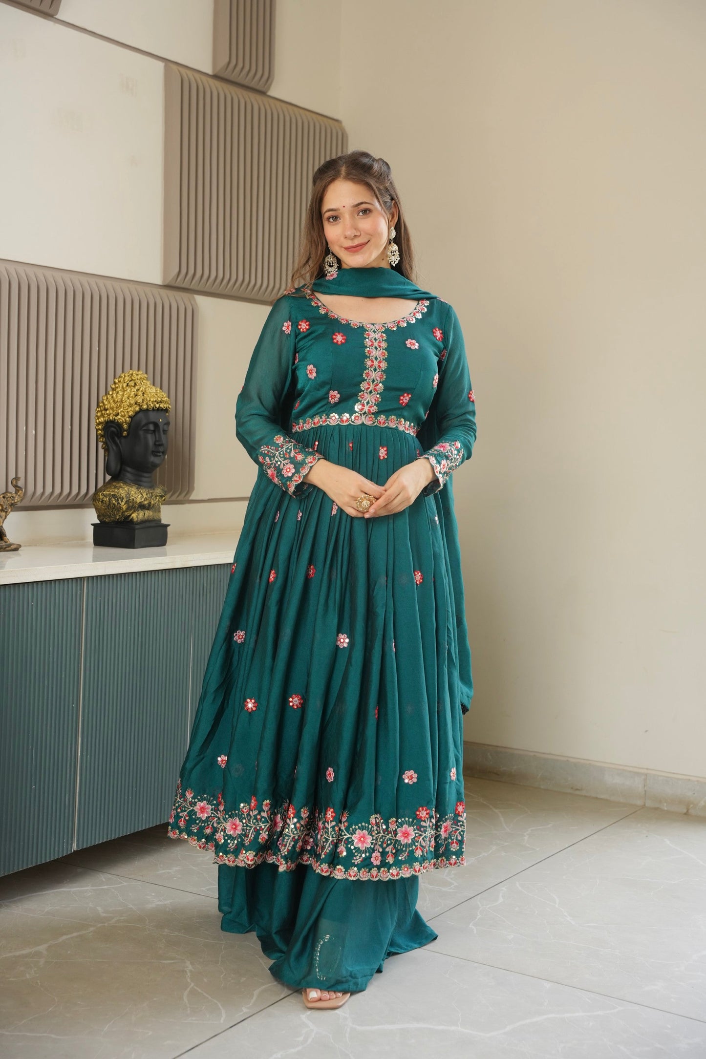 Lorenvalley Fashion Rama Noha Crush Silk with Embroidery Threads & Sequins Work Anarkali Sharara with Dupatta | Swadesiicart