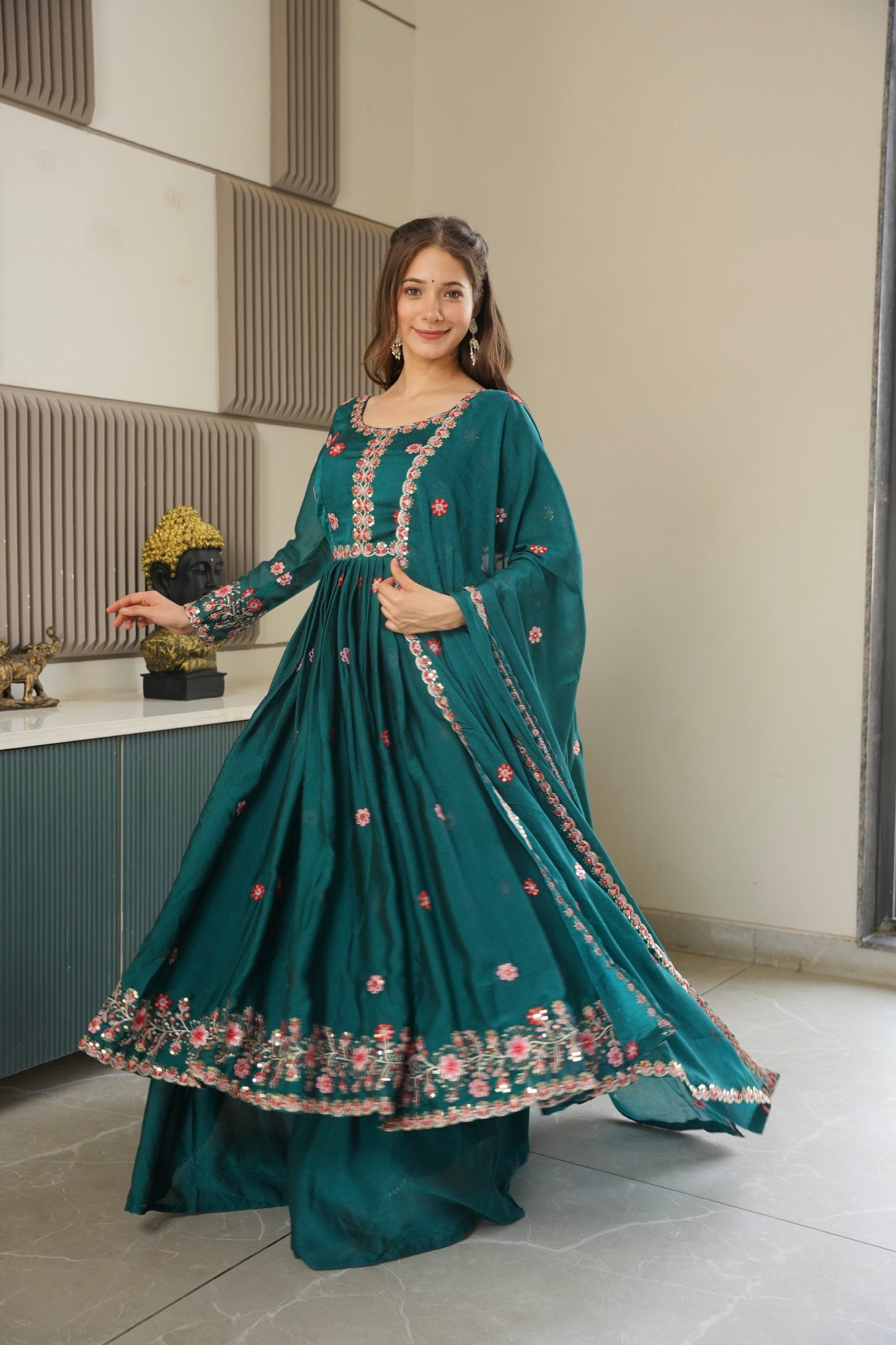 Lorenvalley Fashion Rama Noha Crush Silk with Embroidery Threads & Sequins Work Anarkali Sharara with Dupatta | Swadesiicart