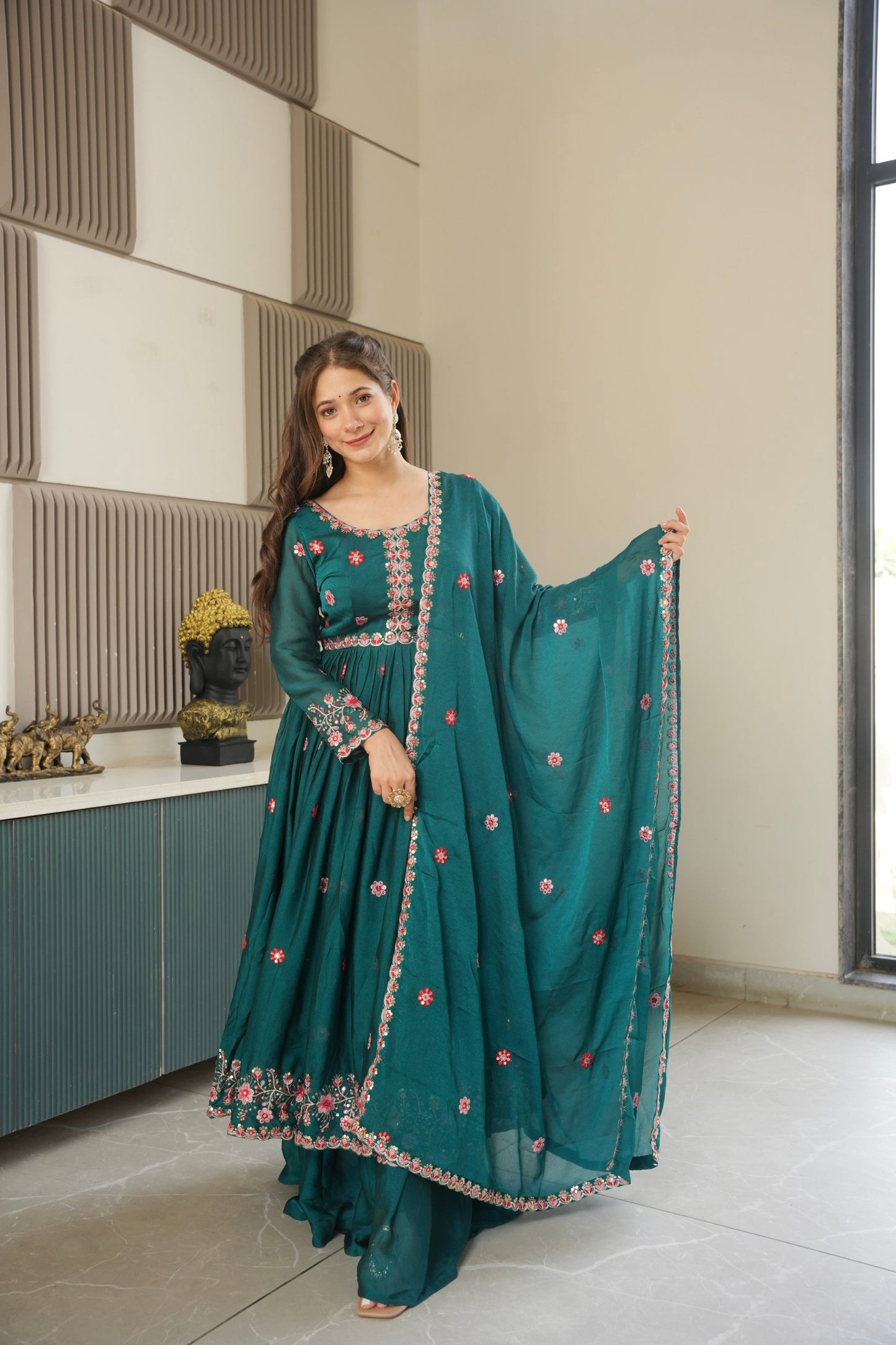 Lorenvalley Fashion Rama Noha Crush Silk with Embroidery Threads & Sequins Work Anarkali Sharara with Dupatta | Swadesiicart