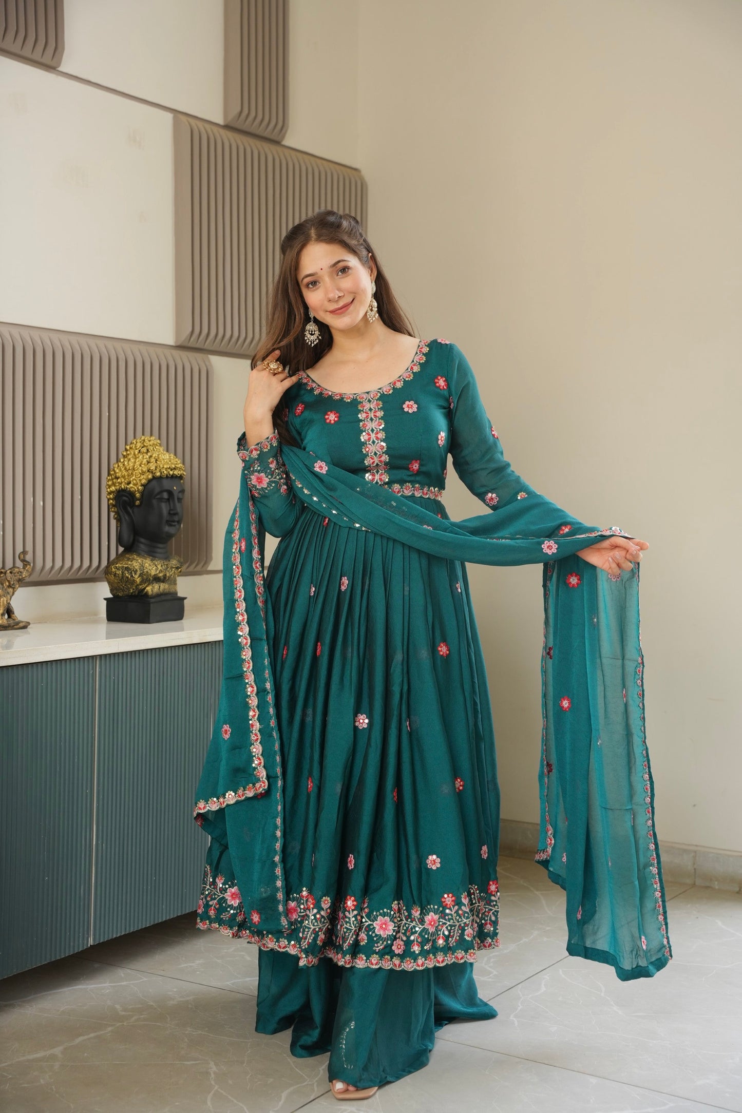 Lorenvalley Fashion Rama Noha Crush Silk with Embroidery Threads & Sequins Work Anarkali Sharara with Dupatta | Swadesiicart