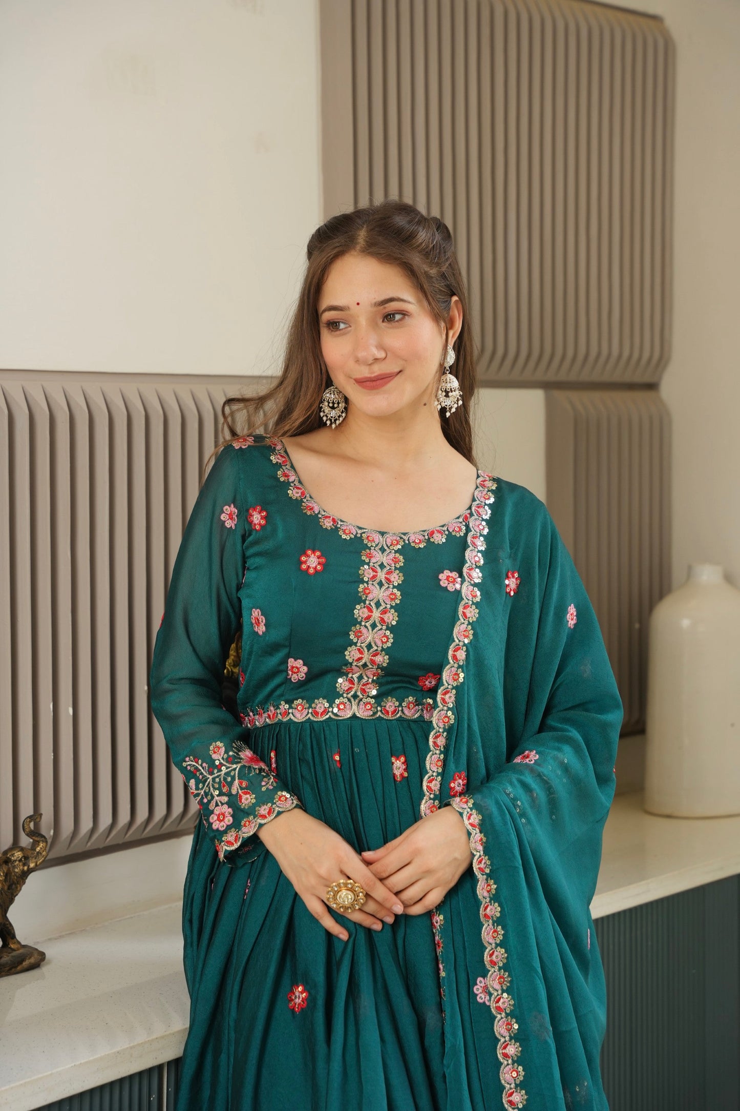 Lorenvalley Fashion Rama Noha Crush Silk with Embroidery Threads & Sequins Work Anarkali Sharara with Dupatta | Swadesiicart