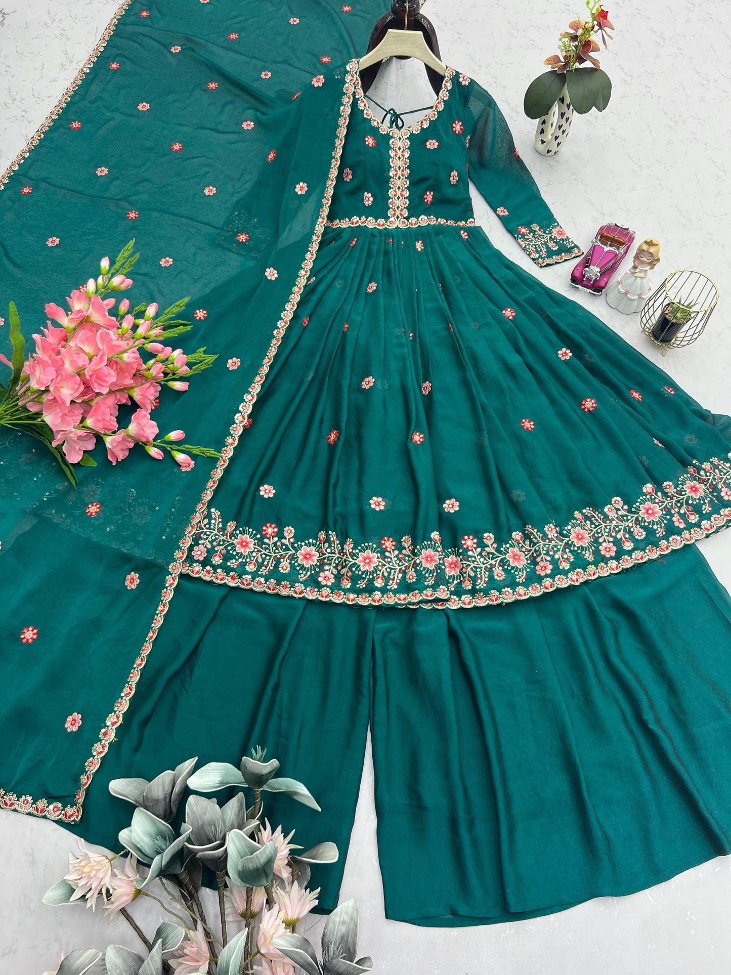 Lorenvalley Fashion Rama Noha Crush Silk with Embroidery Threads & Sequins Work Anarkali Sharara with Dupatta | Swadesiicart