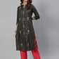 Aks Floral Embroidered Mandarin Collar Thread Work Detailed Straight Kurta with Trousers