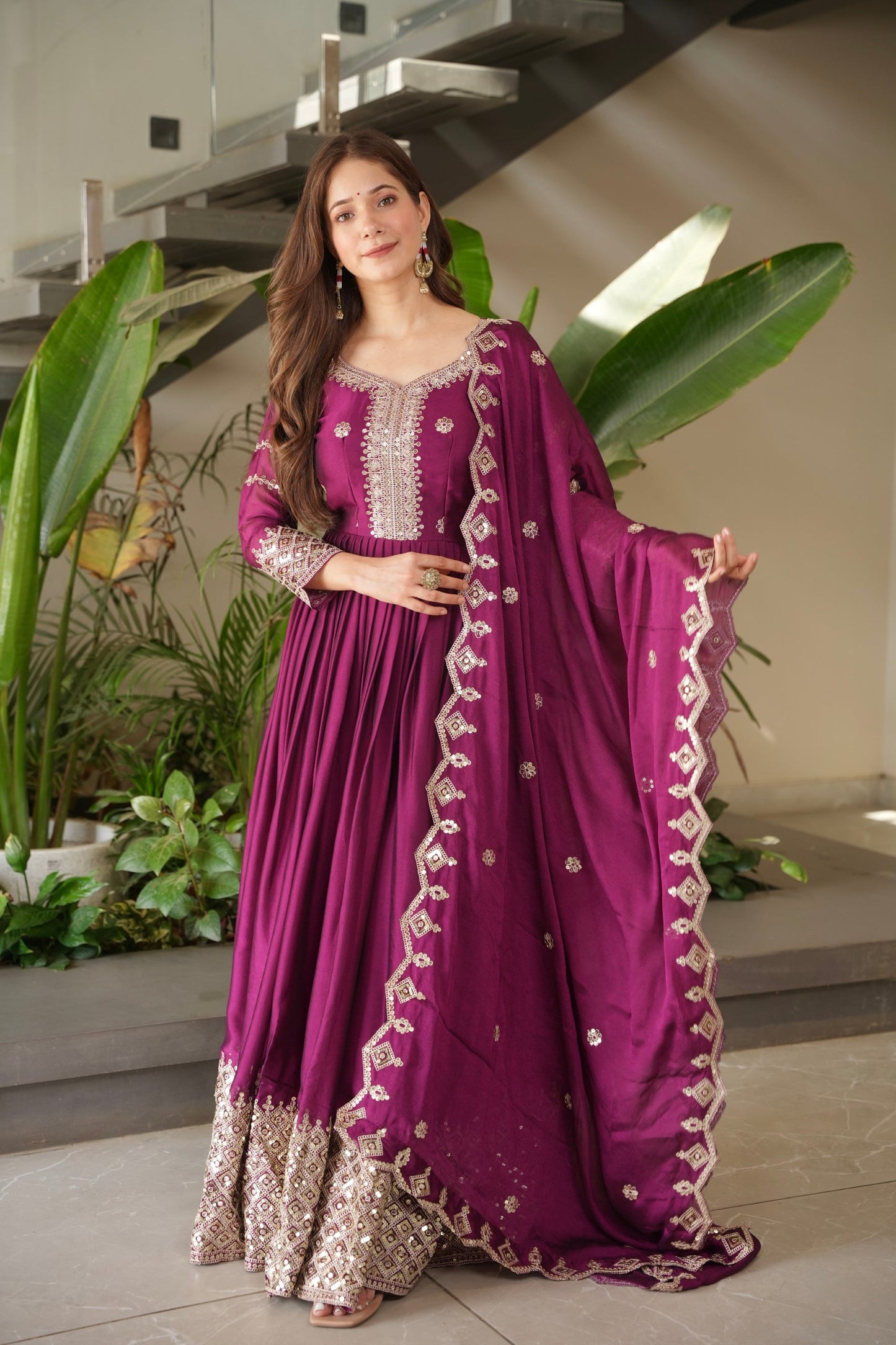 Lorenvalley Fashion Purple Noha Crush Silk with Embroidery Threads & Sequins Work Anarkali Gown with Dupatta | Swadesiicart