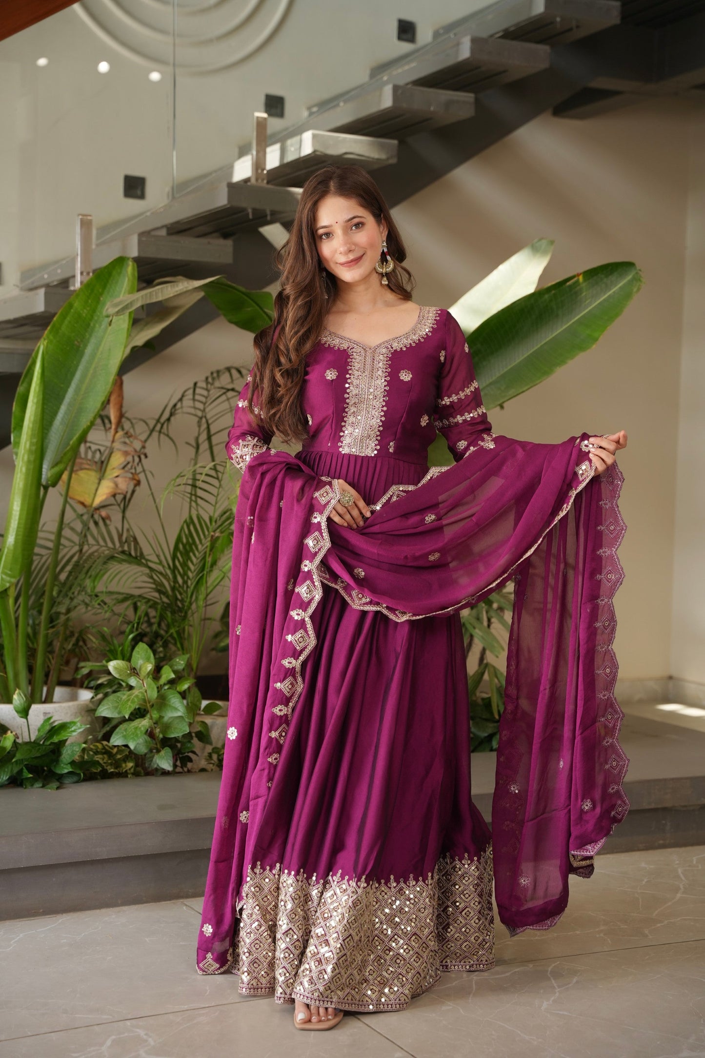 Lorenvalley Fashion Purple Noha Crush Silk with Embroidery Threads & Sequins Work Anarkali Gown with Dupatta | Swadesiicart