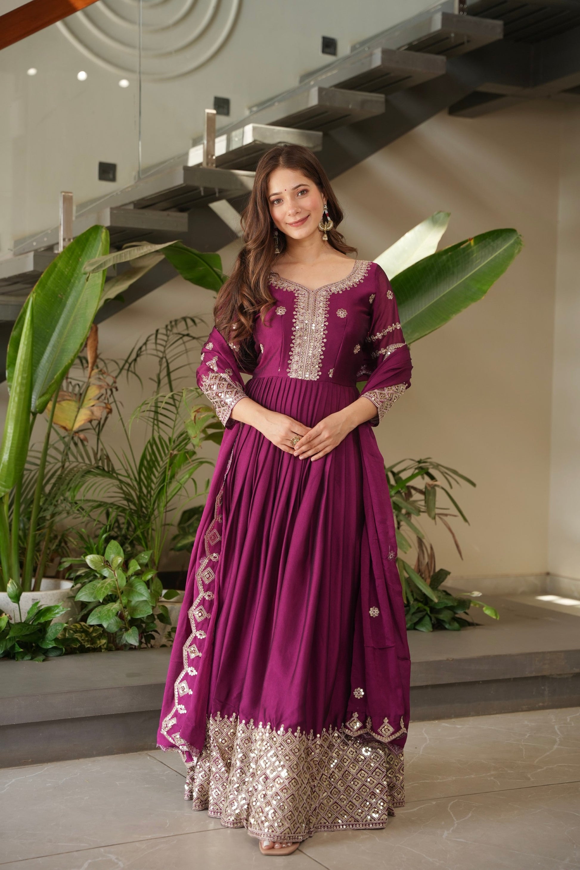 Lorenvalley Fashion Purple Noha Crush Silk with Embroidery Threads & Sequins Work Anarkali Gown with Dupatta | Swadesiicart