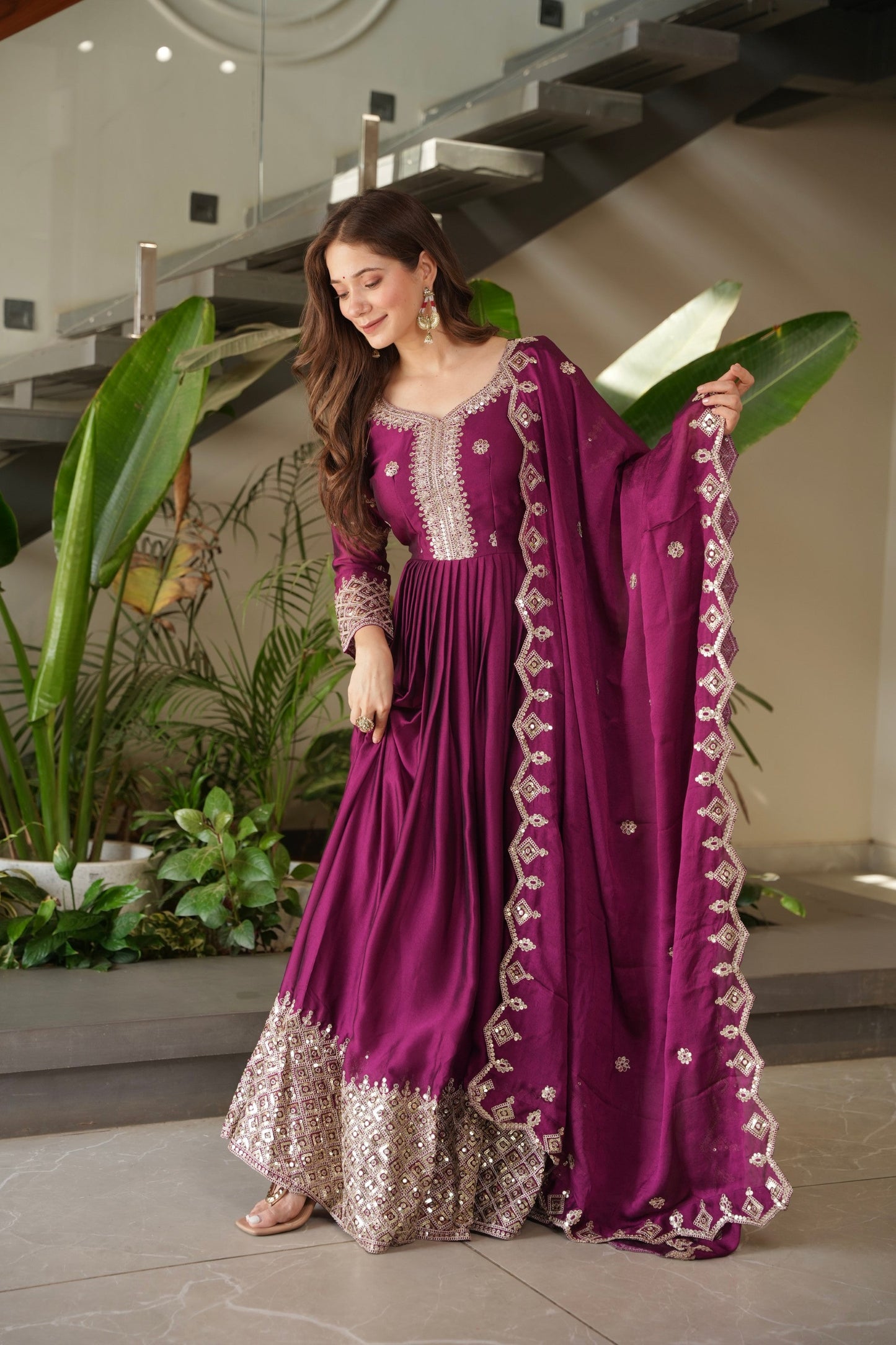Lorenvalley Fashion Purple Noha Crush Silk with Embroidery Threads & Sequins Work Anarkali Gown with Dupatta | Swadesiicart