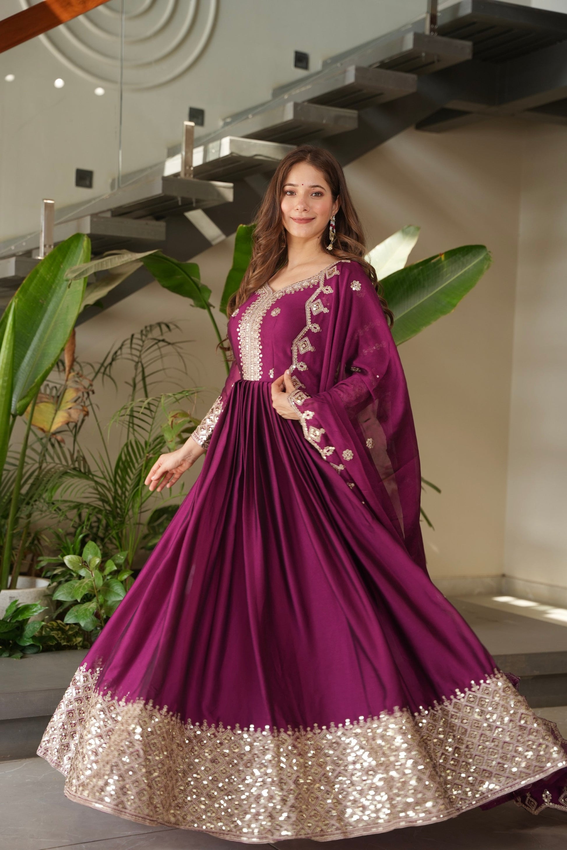 Lorenvalley Fashion Purple Noha Crush Silk with Embroidery Threads & Sequins Work Anarkali Gown with Dupatta | Swadesiicart
