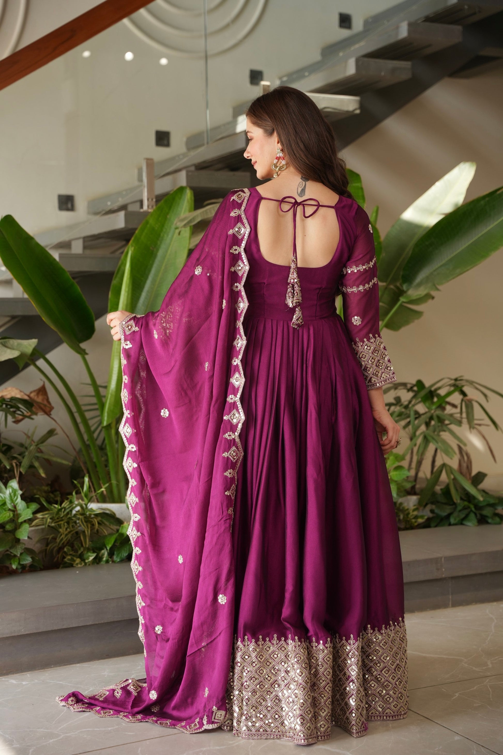 Lorenvalley Fashion Purple Noha Crush Silk with Embroidery Threads & Sequins Work Anarkali Gown with Dupatta | Swadesiicart