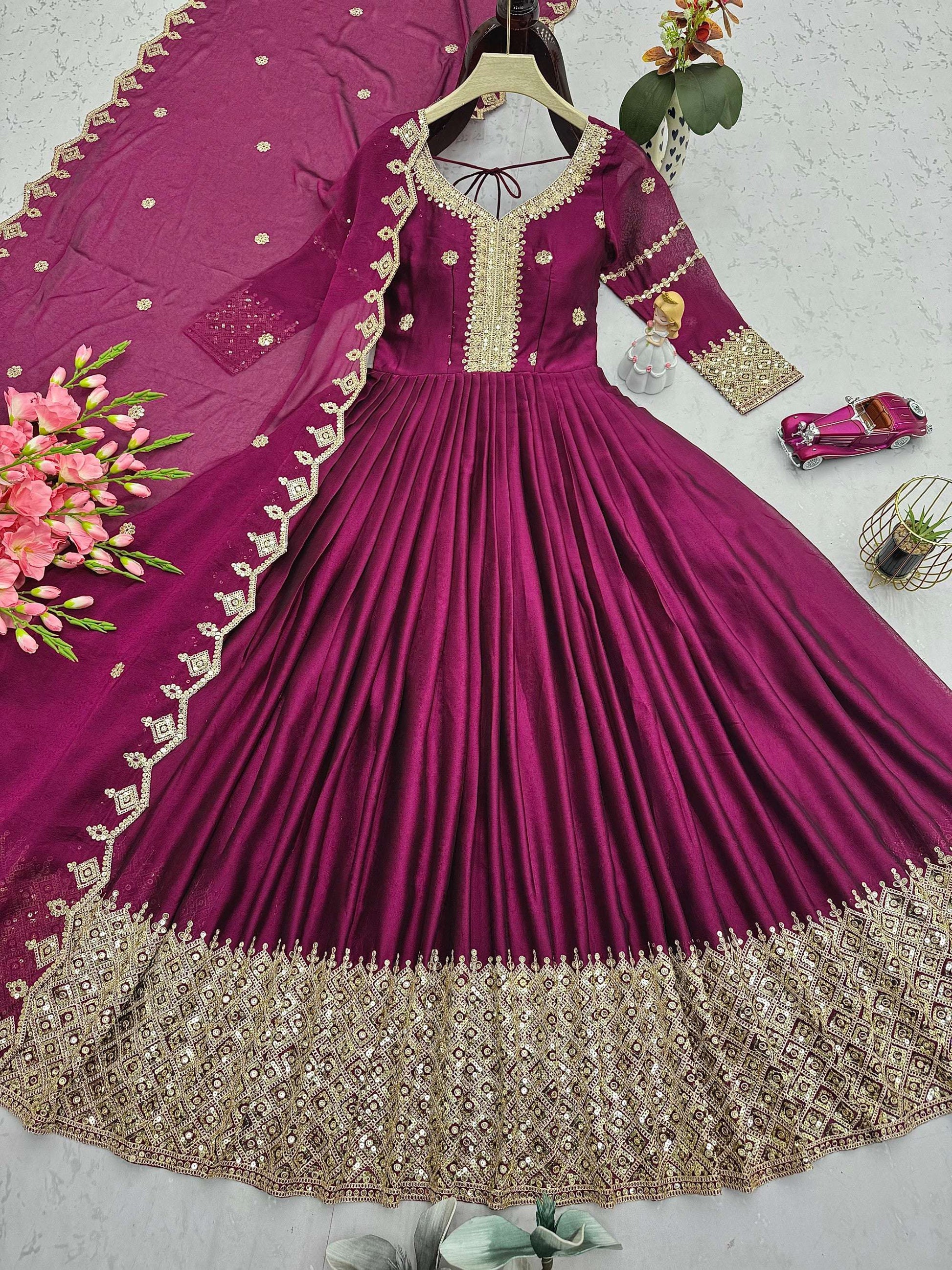 Lorenvalley Fashion Purple Noha Crush Silk with Embroidery Threads & Sequins Work Anarkali Gown with Dupatta | Swadesiicart