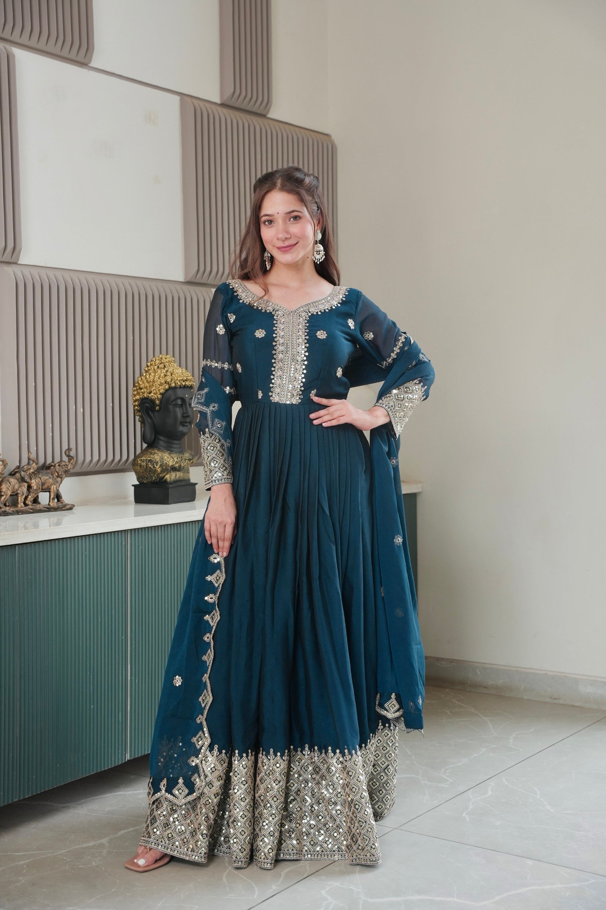 Lorenvalley Fashion Rama Noha Crush Silk with Embroidery Threads & Sequins Work Anarkali Gown with Dupatta | Swadesiicart