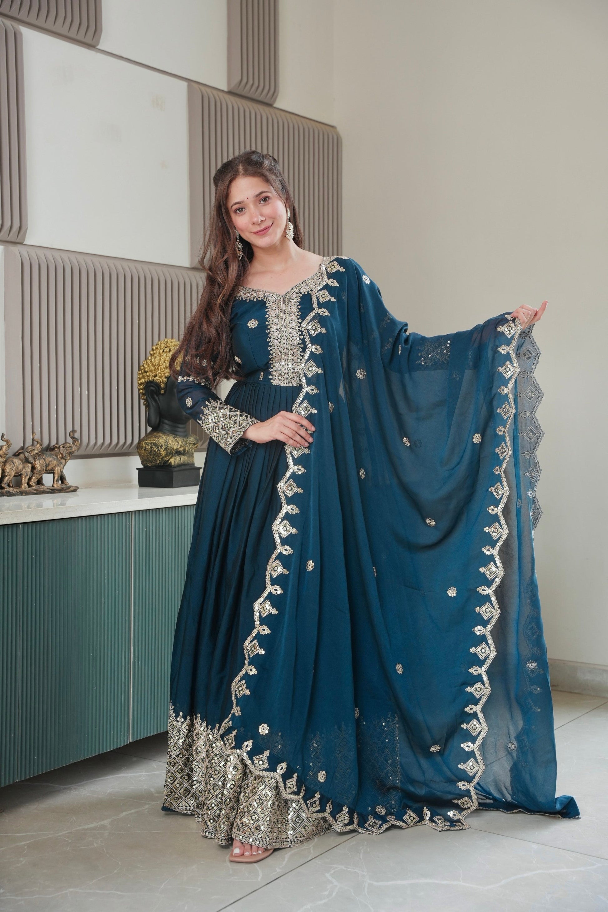 Lorenvalley Fashion Rama Noha Crush Silk with Embroidery Threads & Sequins Work Anarkali Gown with Dupatta | Swadesiicart