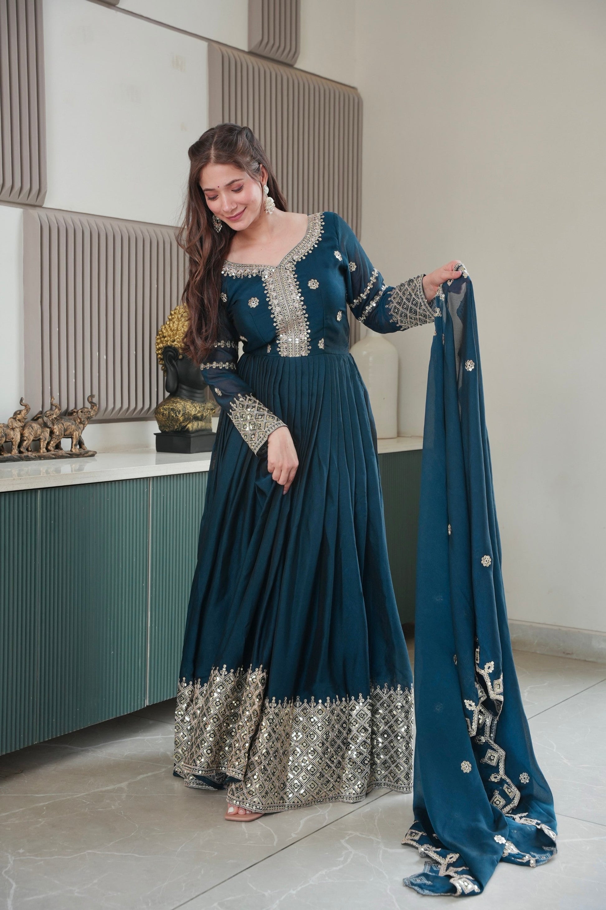 Lorenvalley Fashion Rama Noha Crush Silk with Embroidery Threads & Sequins Work Anarkali Gown with Dupatta | Swadesiicart