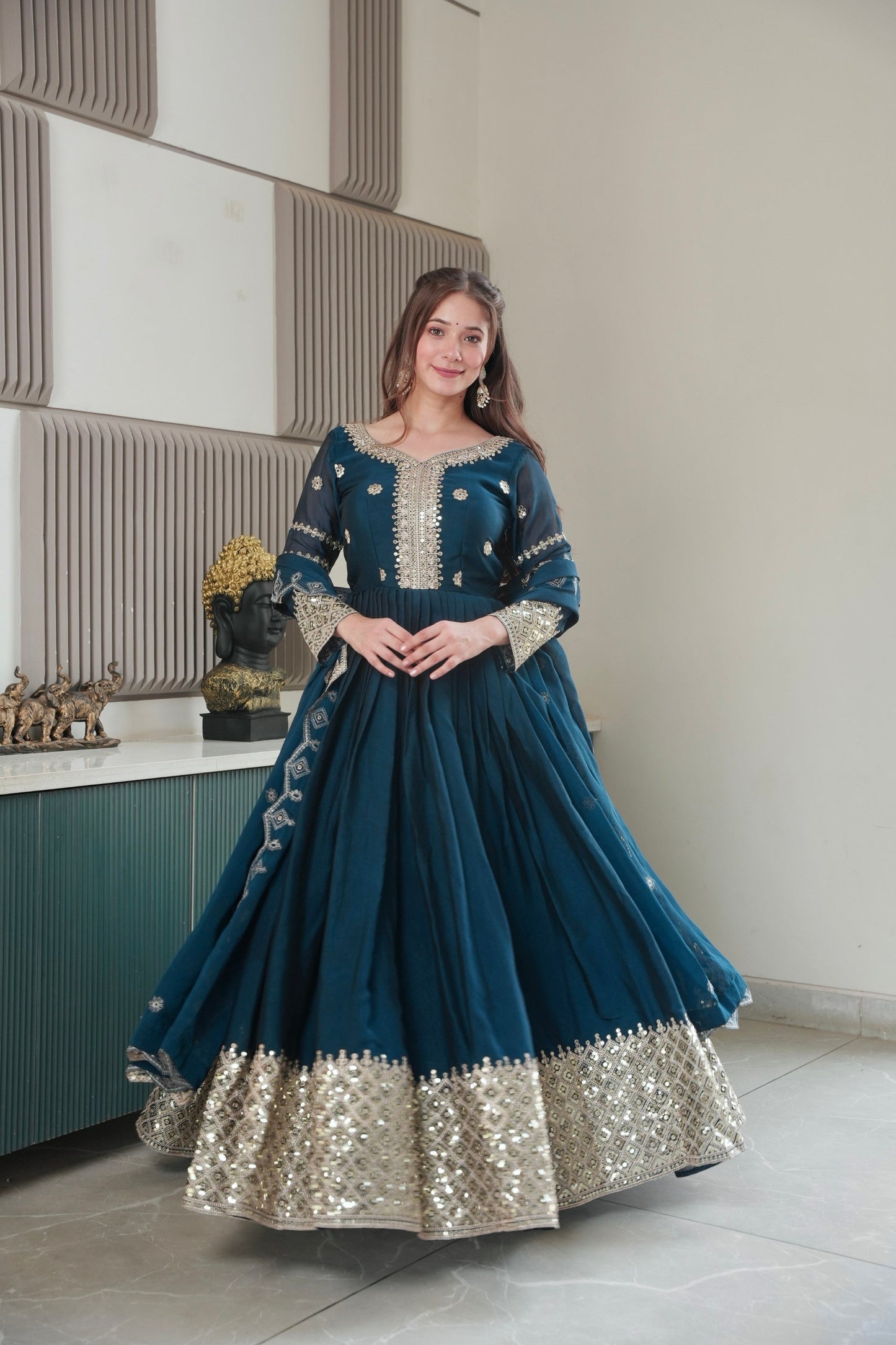 Lorenvalley Fashion Rama Noha Crush Silk with Embroidery Threads & Sequins Work Anarkali Gown with Dupatta | Swadesiicart