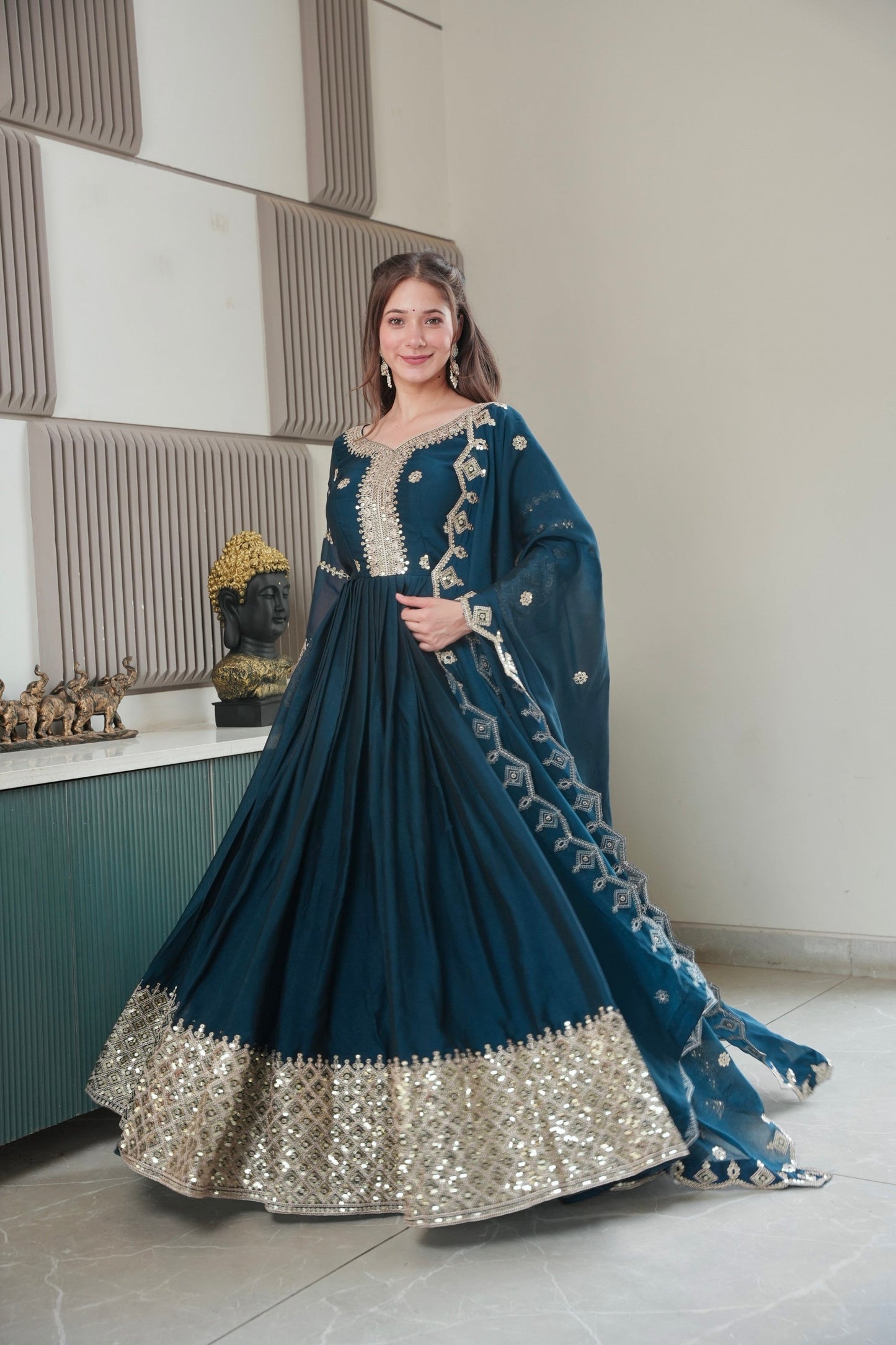 Lorenvalley Fashion Rama Noha Crush Silk with Embroidery Threads & Sequins Work Anarkali Gown with Dupatta | Swadesiicart