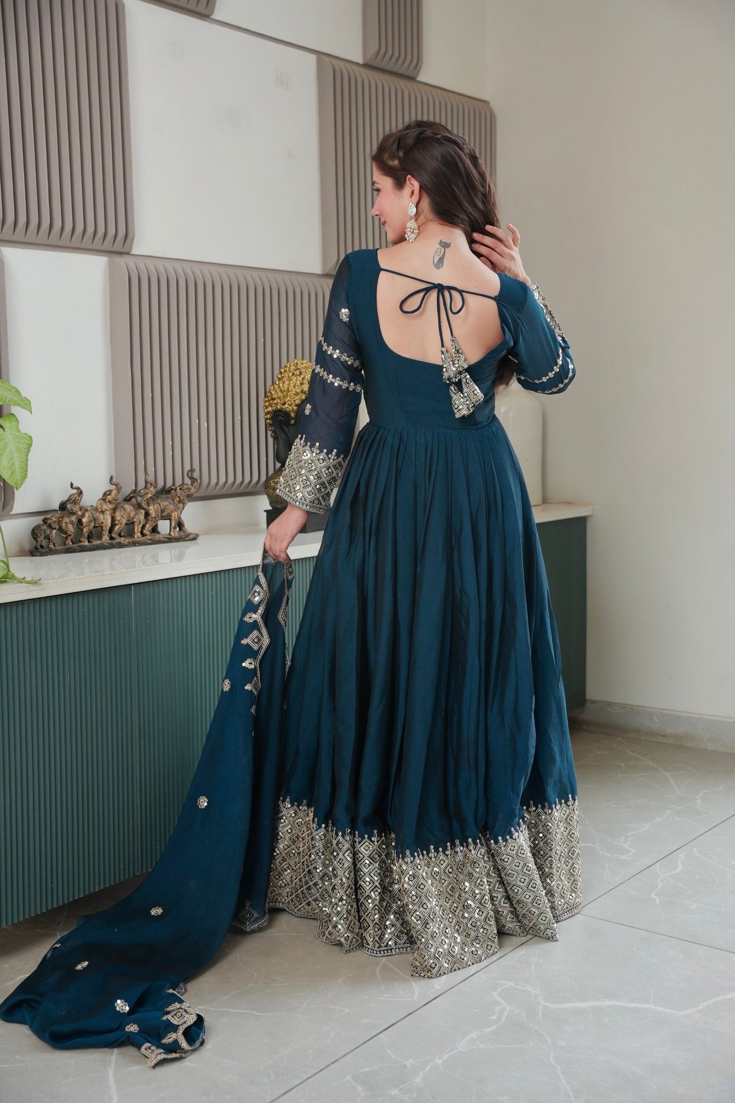 Lorenvalley Fashion Rama Noha Crush Silk with Embroidery Threads & Sequins Work Anarkali Gown with Dupatta | Swadesiicart