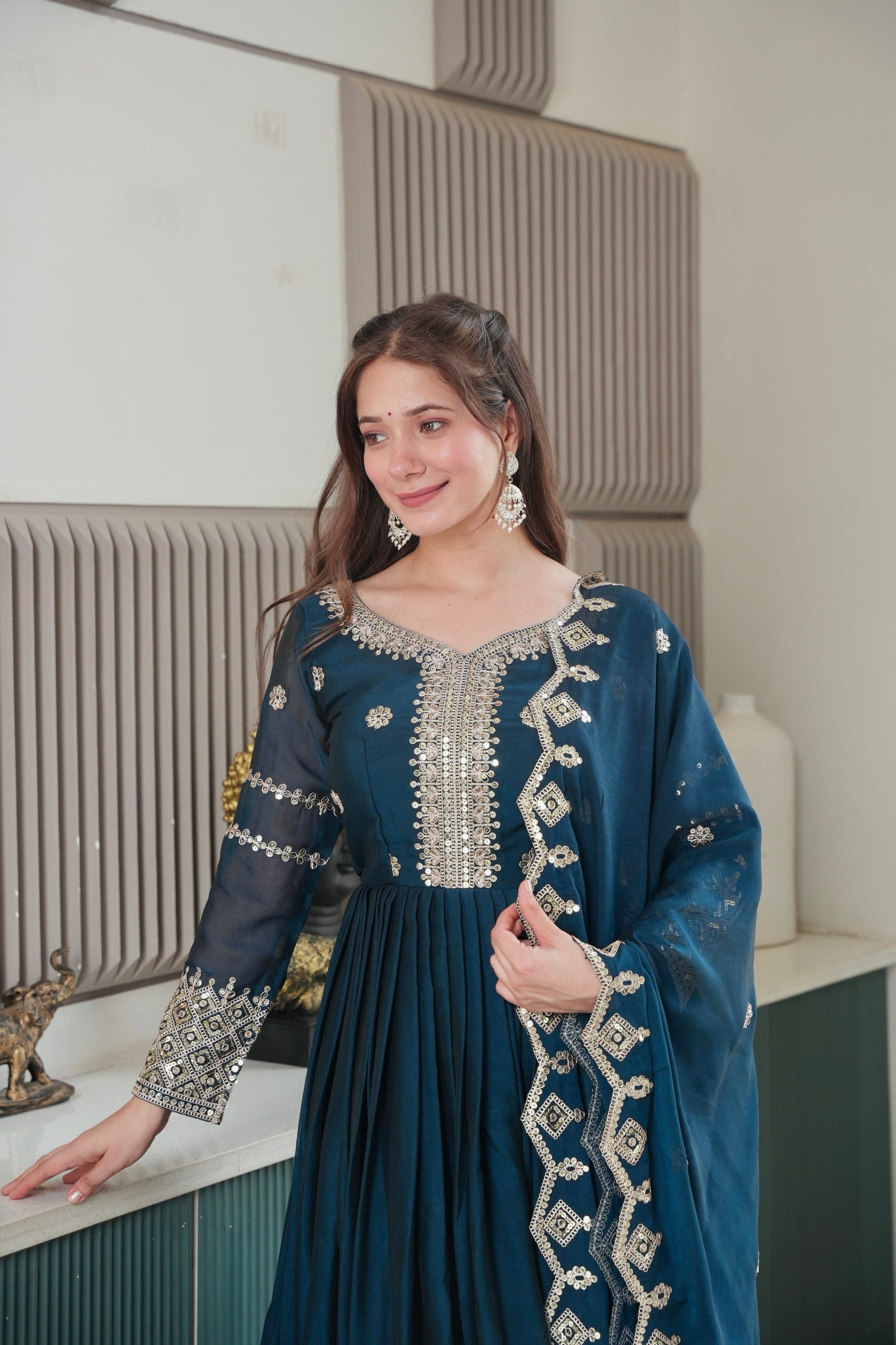 Lorenvalley Fashion Rama Noha Crush Silk with Embroidery Threads & Sequins Work Anarkali Gown with Dupatta | Swadesiicart