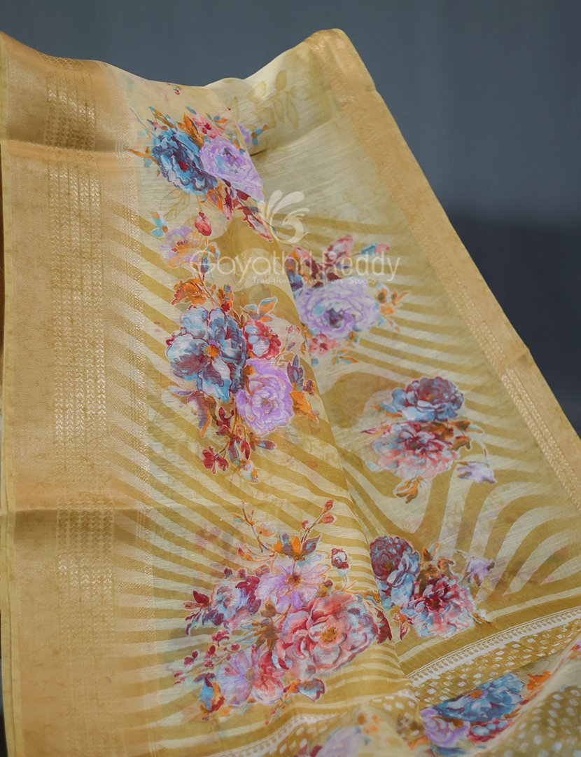 Shades of Light Khaki With Floral Print Semi Chanderi Saree By Gayathri Reddy Designer Studio | Swadesiicart