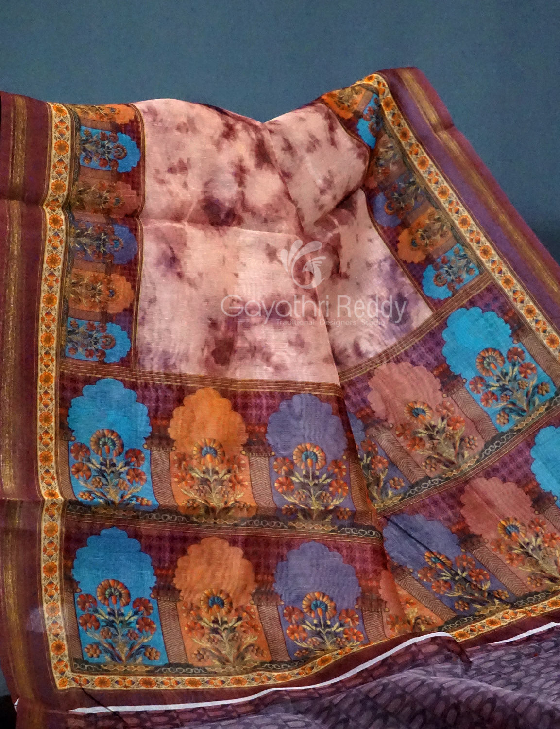 Shades of Light Peach And Onion Colour Shibori Print Semi Chanderi Saree By Gayathri Reddy Designer Studio | Swadesiicart