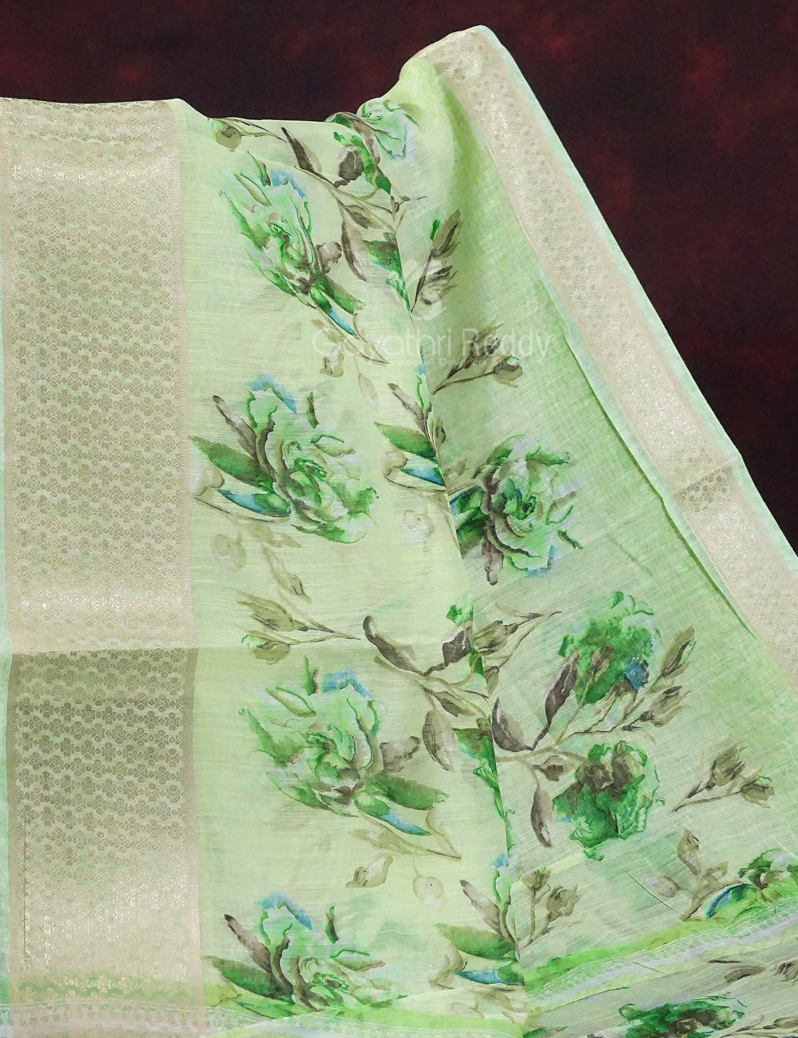 Shades of Light Parrot Green Colour Floral Design Semi Chanderi Saree By Gayathri Reddy Designer Studio | Swadesiicart