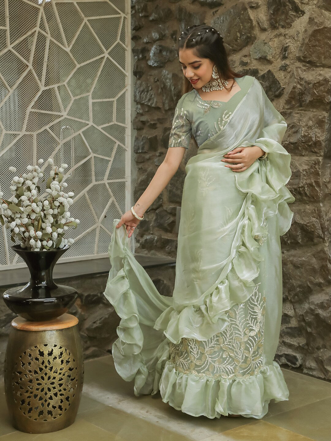 Tikhi Imli Embellished Sequinned Ruffled Ready to Wear Satin Saree | Swadesiicart