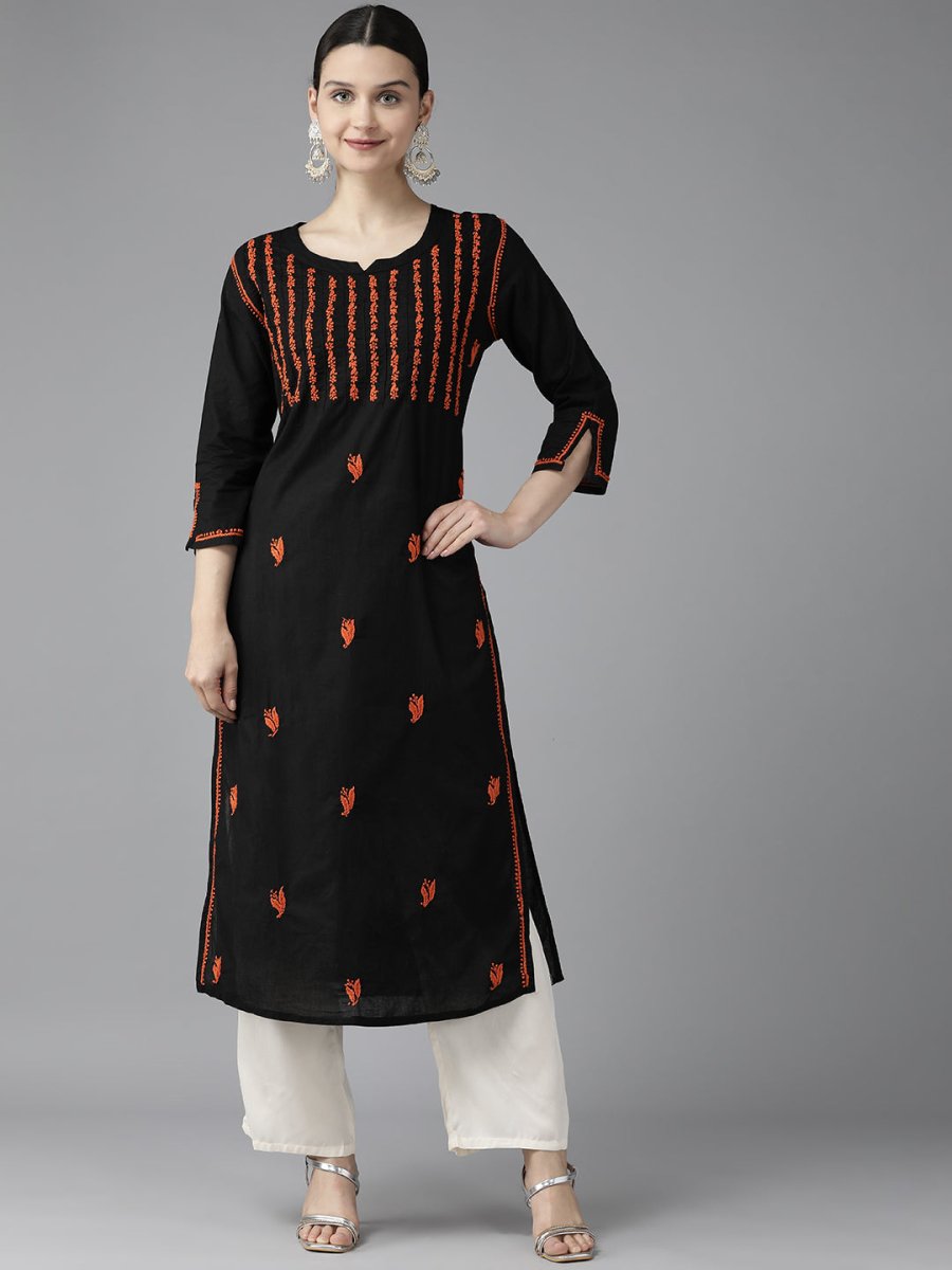 ADA Women Black & Orange Ethnic Motifs Embroidered Chikankari Kurta | Swadesiicart