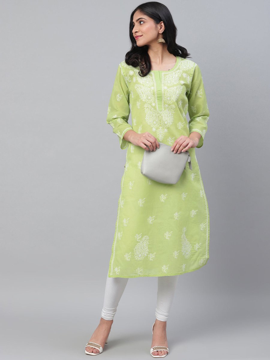 ADA Women Green & White Chikankari Hand Embroidered Straight Sustainable Handloom Kurta | Swadesiicart