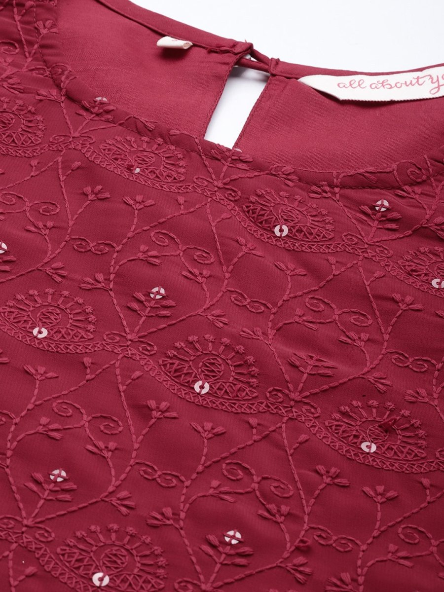 All About You Women Maroon Ethnic Motifs Embroidered Chikankari Kurta with Palazzos | Swadesiicart