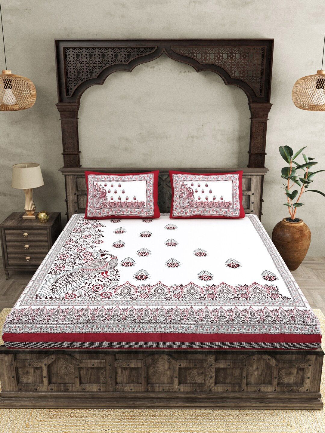 JAIPUR FABRICWhite Red Ethnic Motifs Cotton 250 TC King Bedsheet With 2 Pillow Covers | Swadesiicart