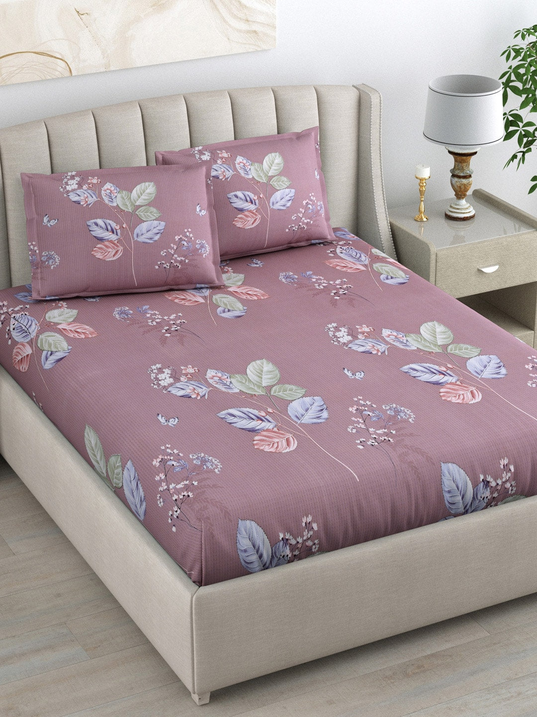 DREAM WEAVERZ 220 TC Pink & Blue Floral Glazed Cotton King Bedsheet with 2 Pillow Covers - Swadesiicart