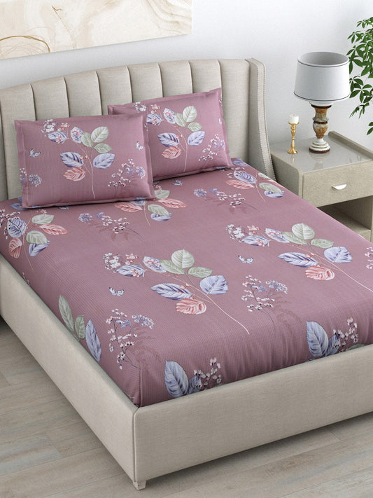 DREAM WEAVERZ 220 TC Pink & Blue Floral Glazed Cotton King Bedsheet with 2 Pillow Covers - Swadesiicart