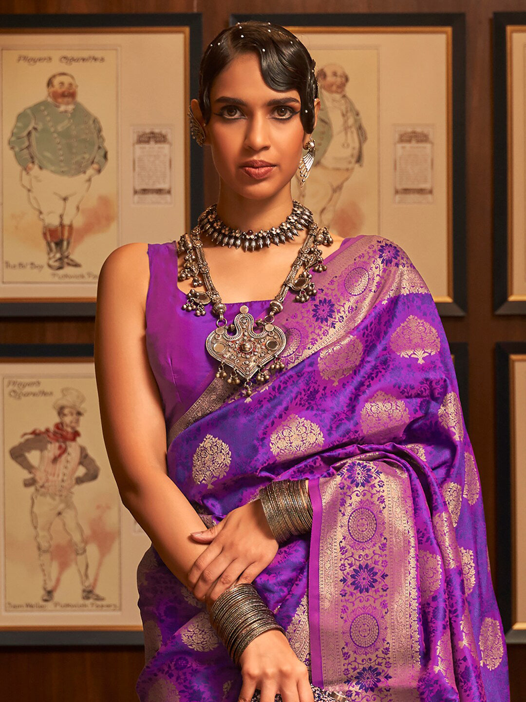 Mitera Women Purple & Gold-Toned Woven Design Zari Silk Blend Banarasi Saree | Swadesiicart