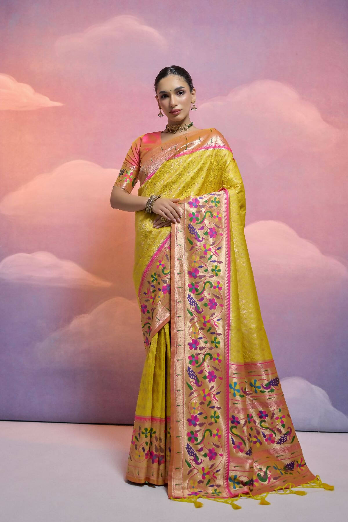 Vishnu Weaves Women's Yellow Paithani Silk Zari Woven Saree with Blouse - Swadesiicart