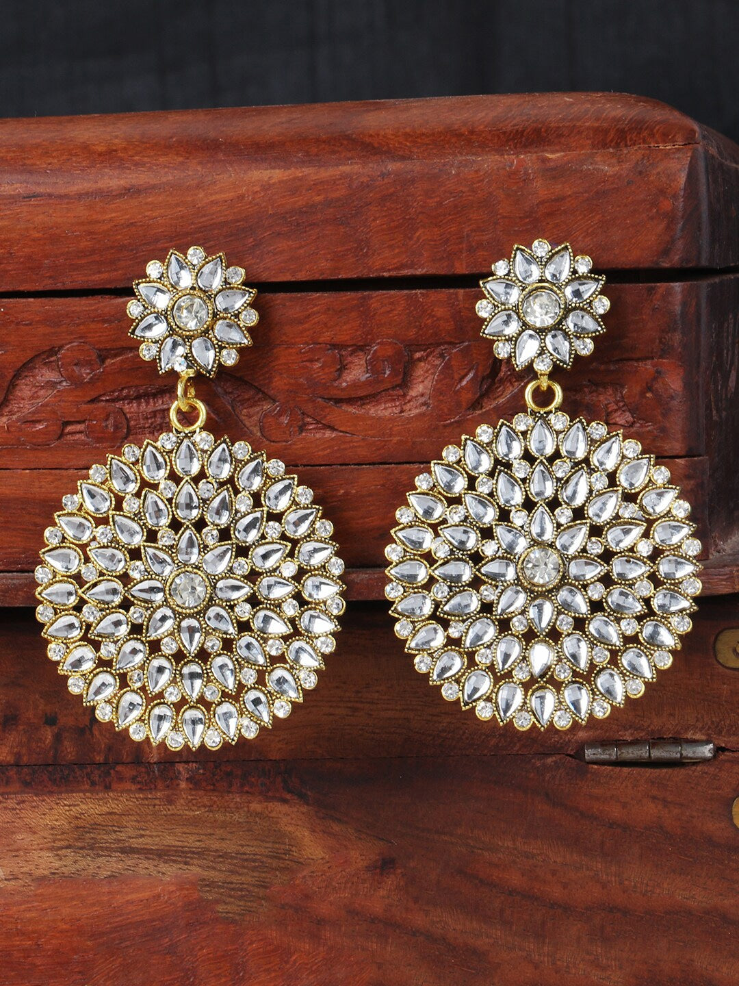 Gold-Polished Alloy Stone Studded Golden Round Earrings - The Pari - Swadesiicart