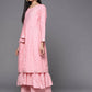 Ahalyaa Pink & Gold Ethnic Printed Layered Front Slit Cotton Anarkali Kurta Palazzos | Swadesiicart