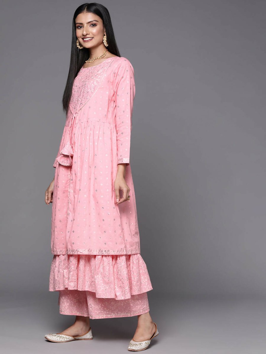 Ahalyaa Pink & Gold Ethnic Printed Layered Front Slit Cotton Anarkali Kurta Palazzos | Swadesiicart