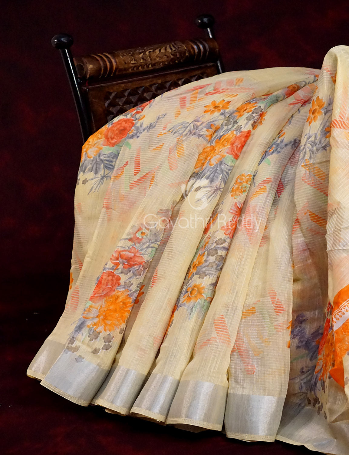 Light Wheat Colour Floral Print Semi Chanderi Saree By Gayathri Reddy Designer Studio | Swadesiicart