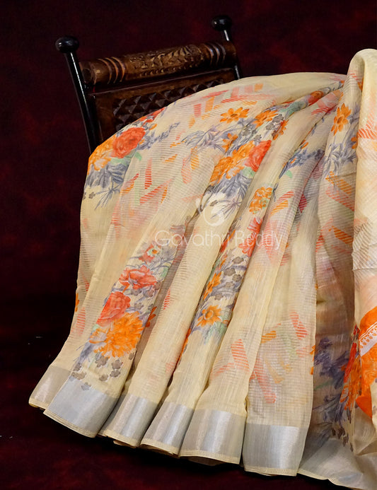 Light Wheat Colour Floral Print Semi Chanderi Saree By Gayathri Reddy Designer Studio | Swadesiicart