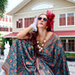 Anaita Teal Green Ajrakh Printed Pure Satin Silk Saree With Blouse