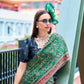 Anaita Green Ajrakh Printed Pure Satin Silk Saree With Blouse