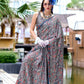 Anaita Grey Ajrakh Printed Pure Satin Silk Saree With Blouse