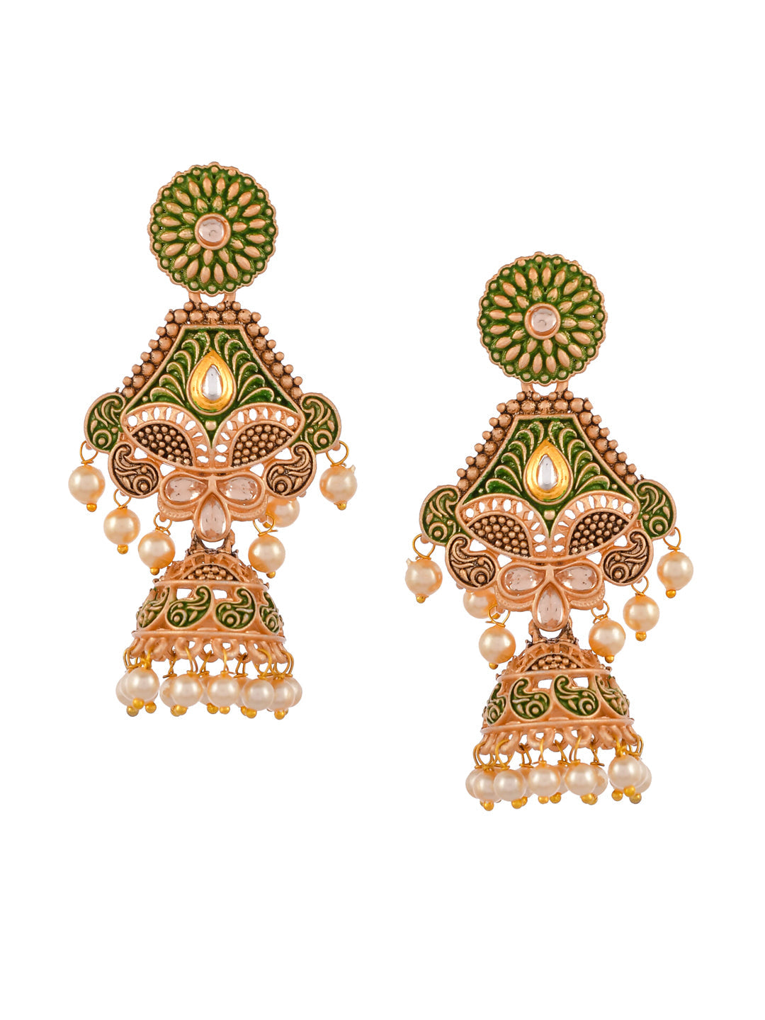 Shoshaa Green & Gold-Toned Contemporary Jhumkas Earrings | Swadesiicart
