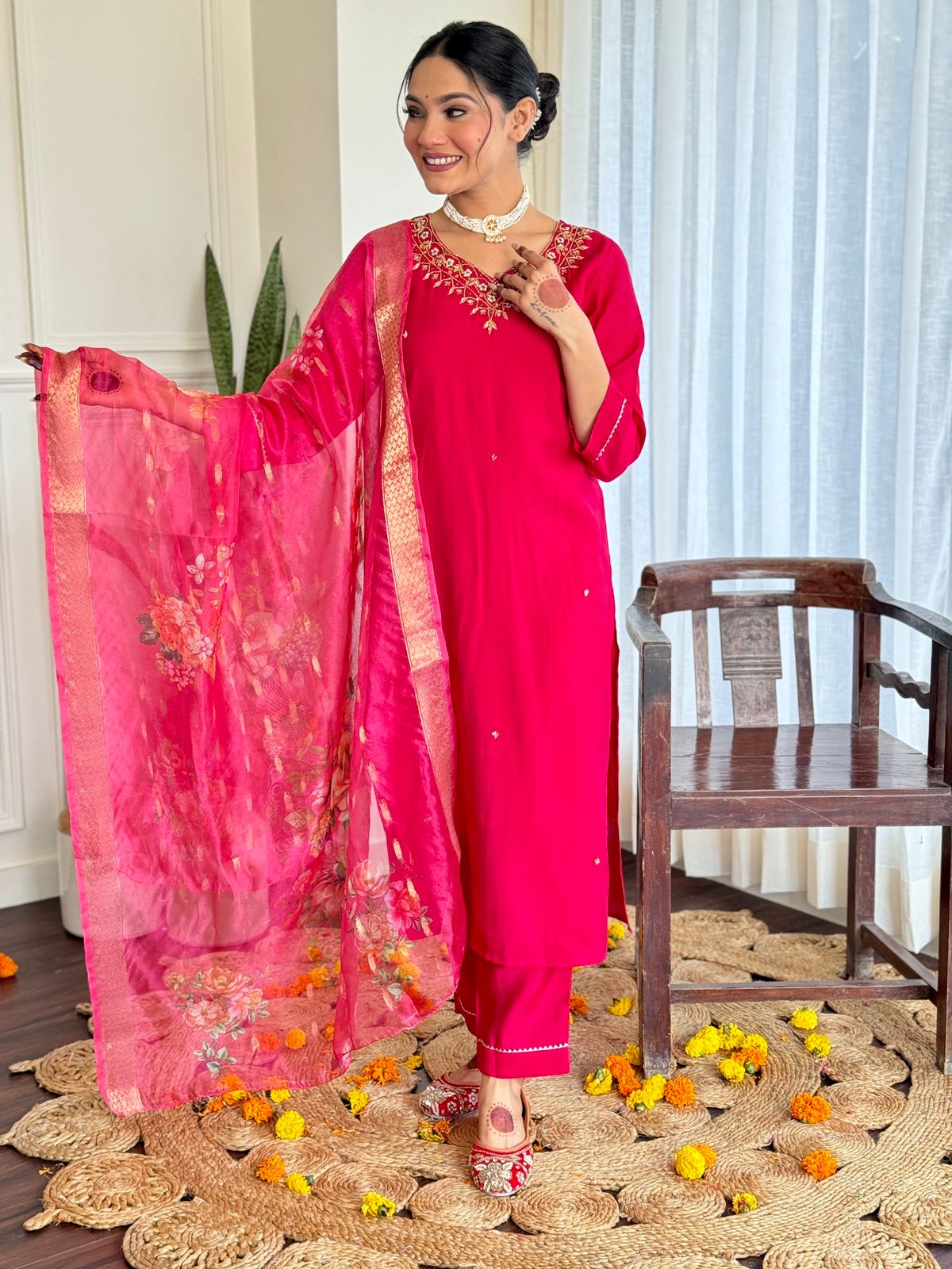 The52 Women's Beautiful Viscose Embroidery work Straight Kurta with Pant and Dupatta Set - Swadesiicart