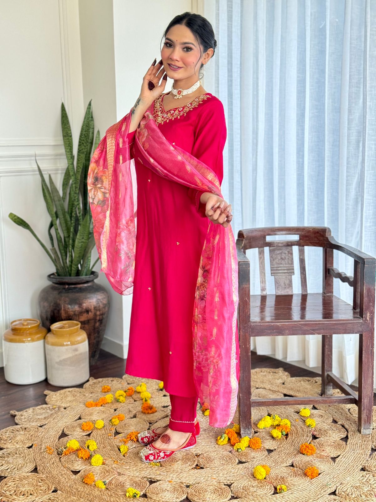 The52 Women's Beautiful Viscose Embroidery work Straight Kurta with Pant and Dupatta Set - Swadesiicart