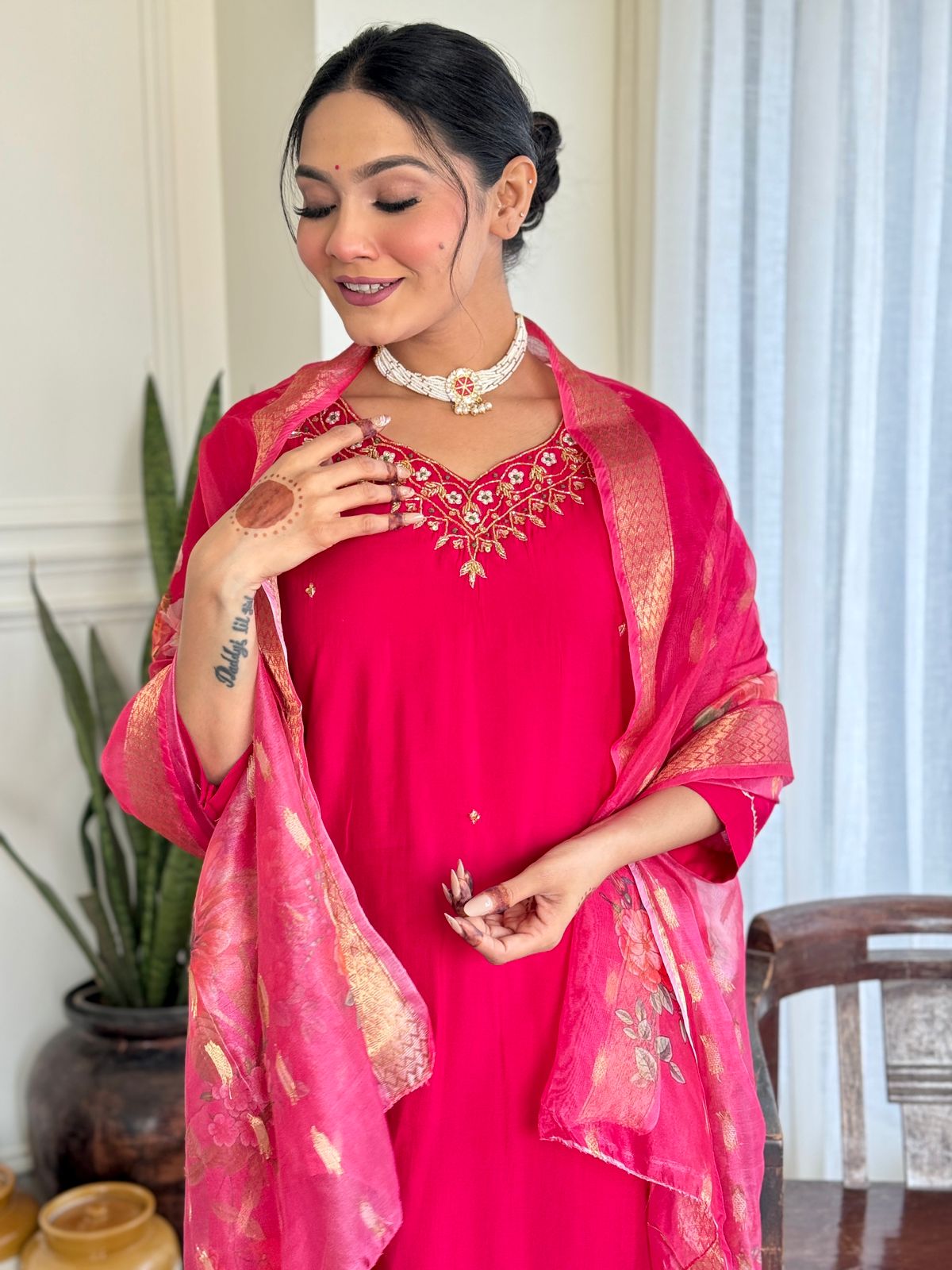 The52 Women's Beautiful Viscose Embroidery work Straight Kurta with Pant and Dupatta Set - Swadesiicart